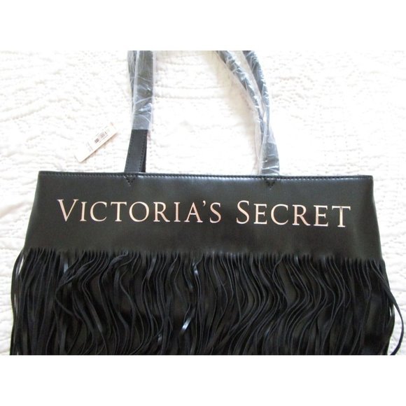 Victoria's Secret Logo - Flirty Fringe Tote Bag Black - NWT Purse Shoulder Bag - Picture 4 of 11